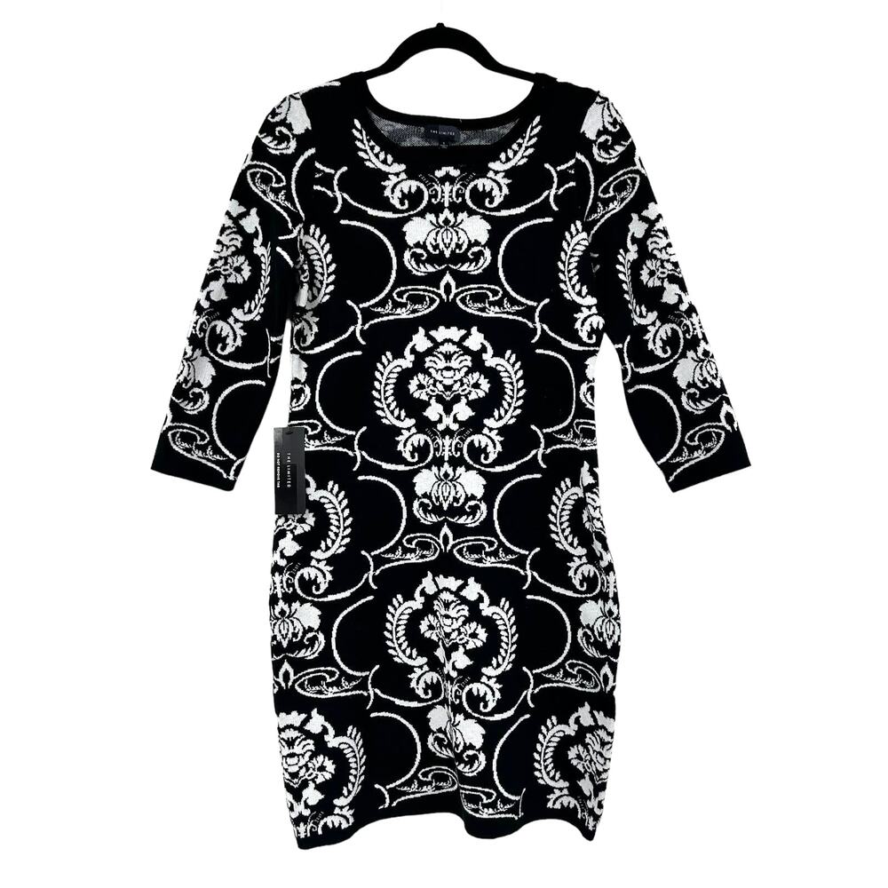 NWT The Limited Black White Ornate 3/4 Sleeve Sweater Fitted Dress Womens Small